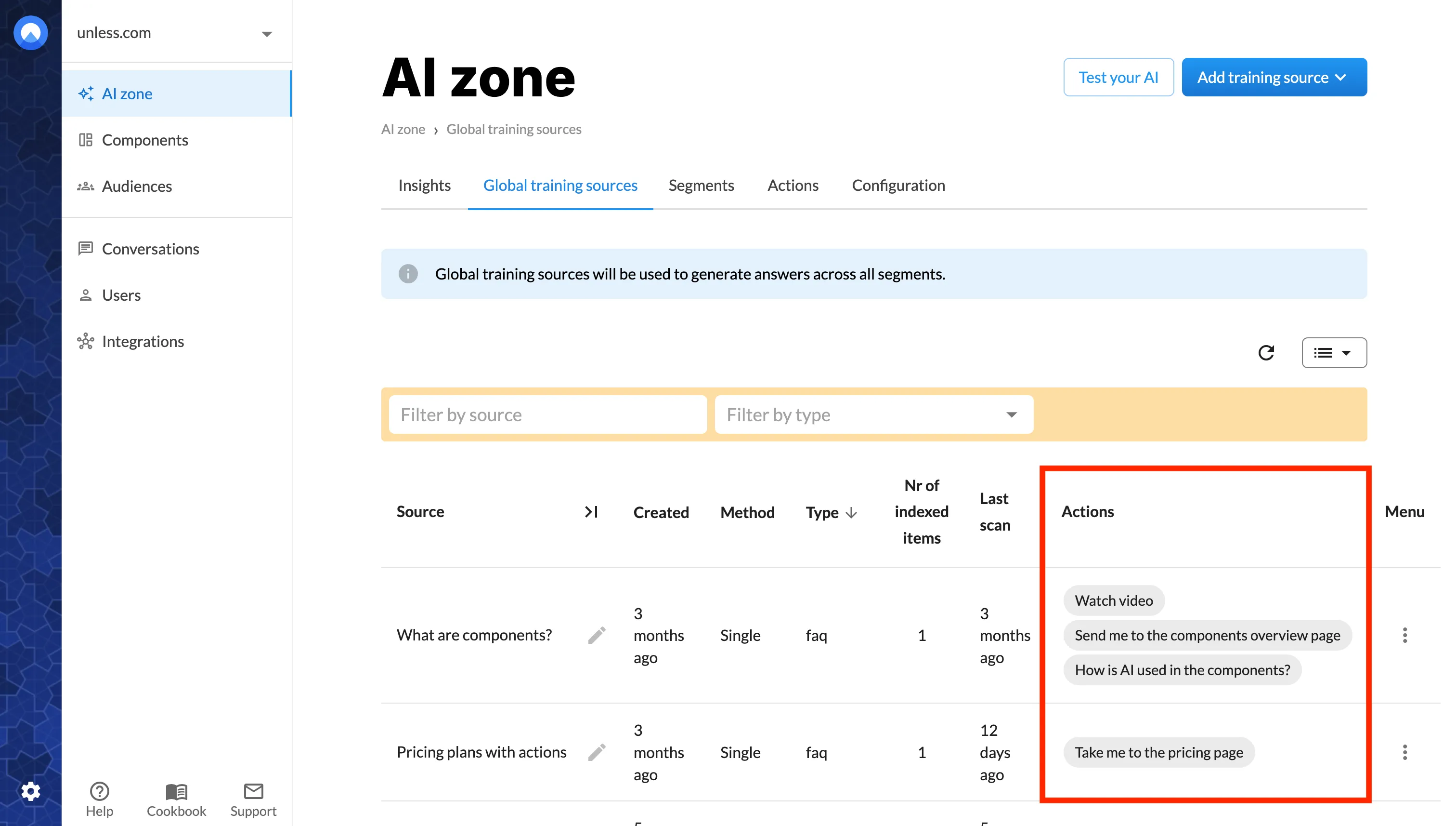Training sources list with a view of actions that have been attached to FAQs
