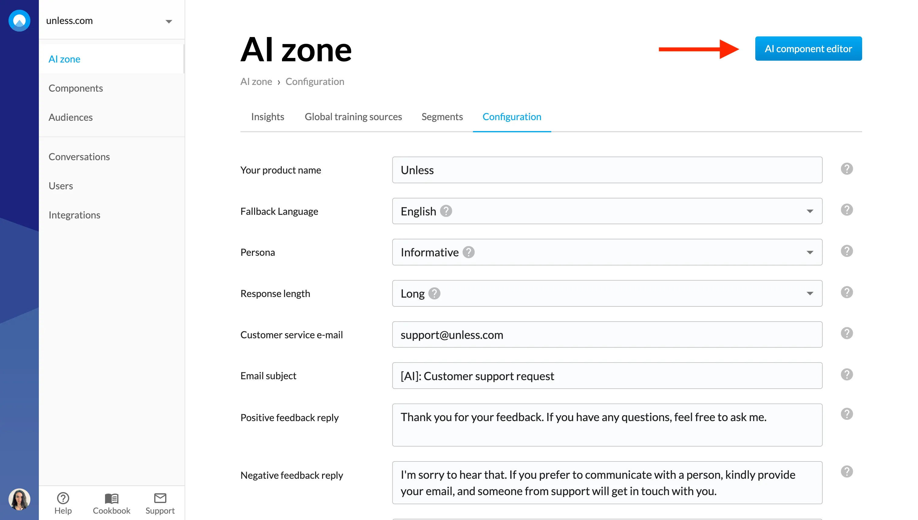 Open the AI component editor