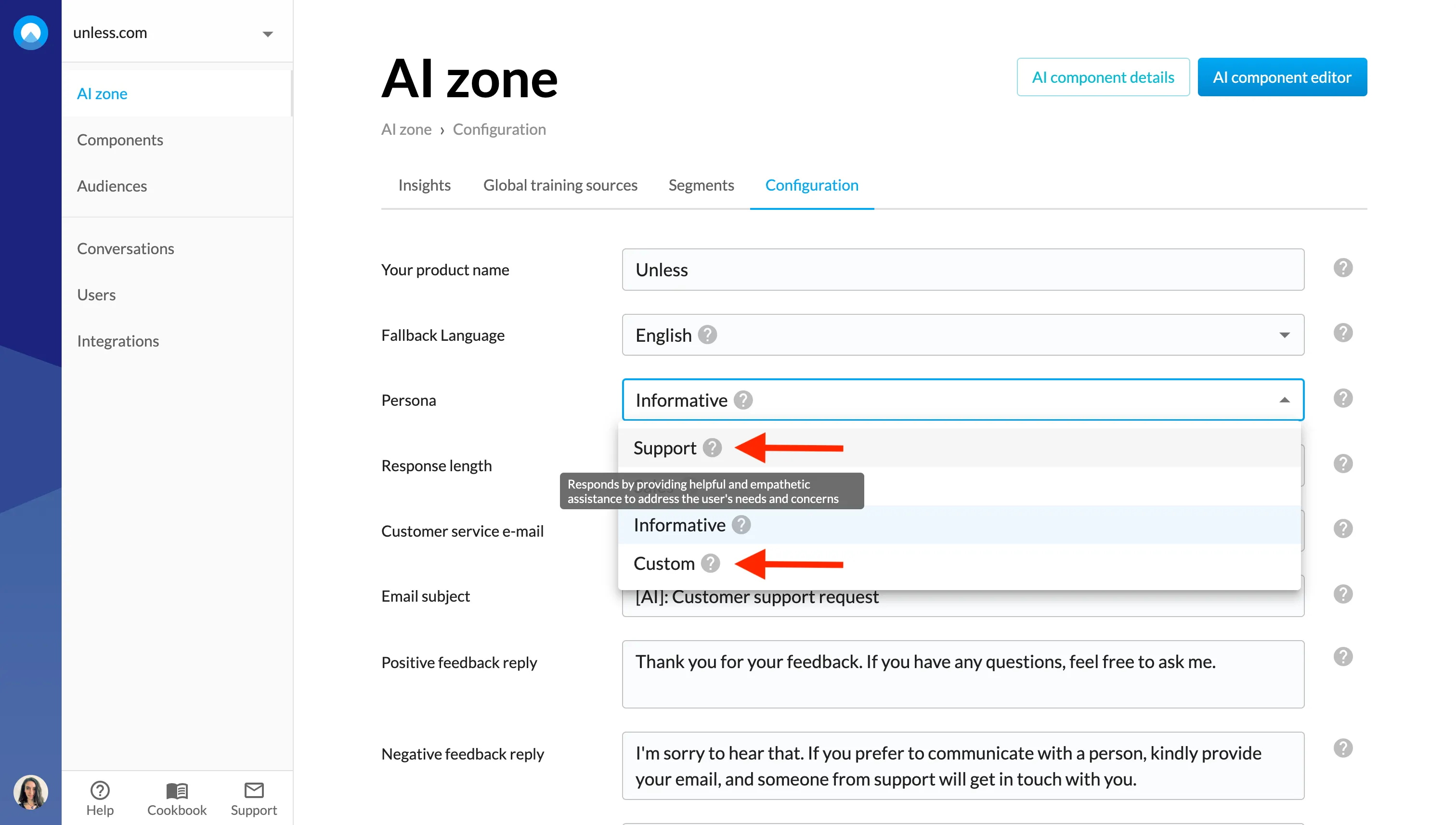 Default and custom AI persona options