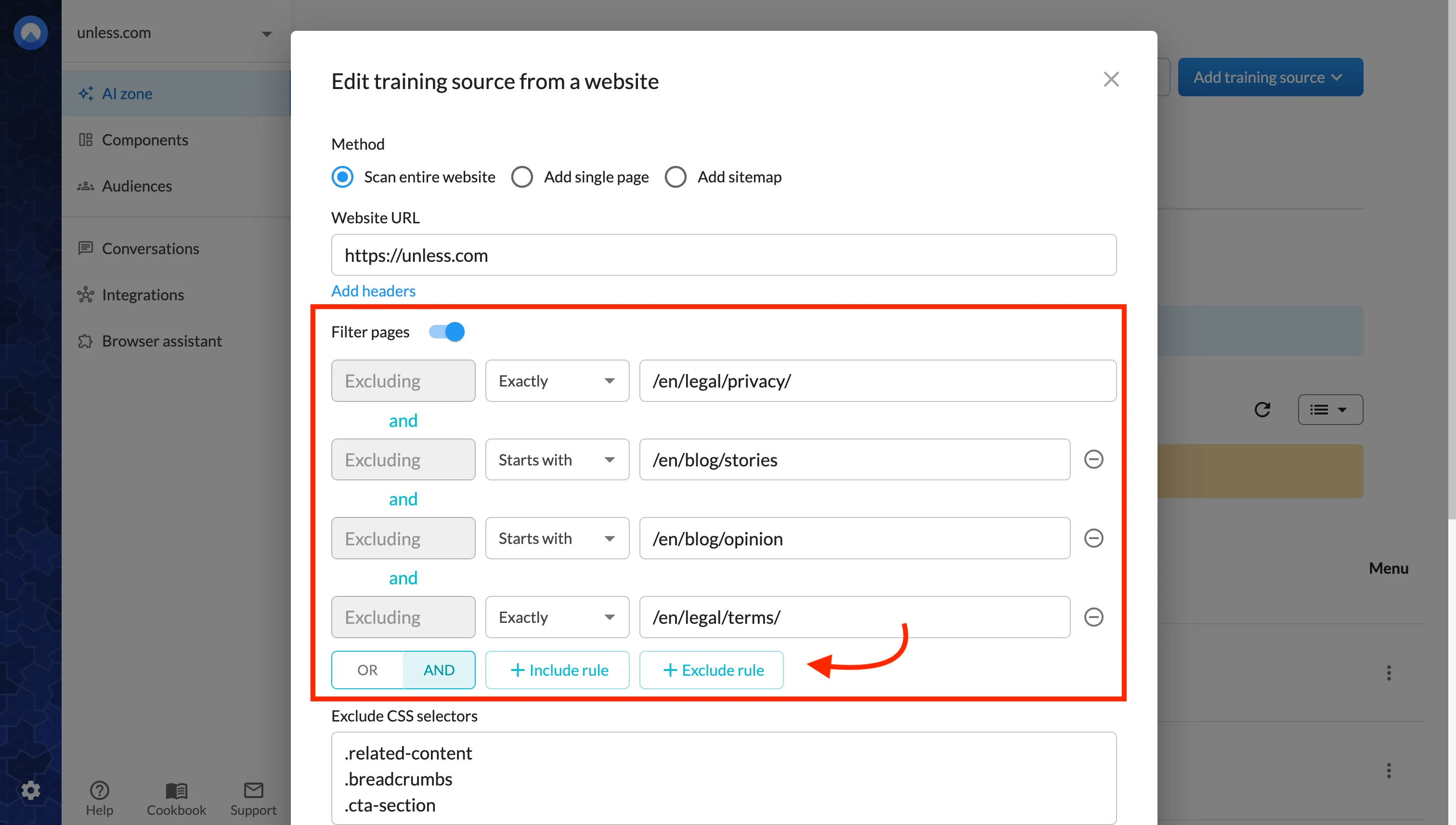Filtering pages when ingesting a website using the include/exclude rules