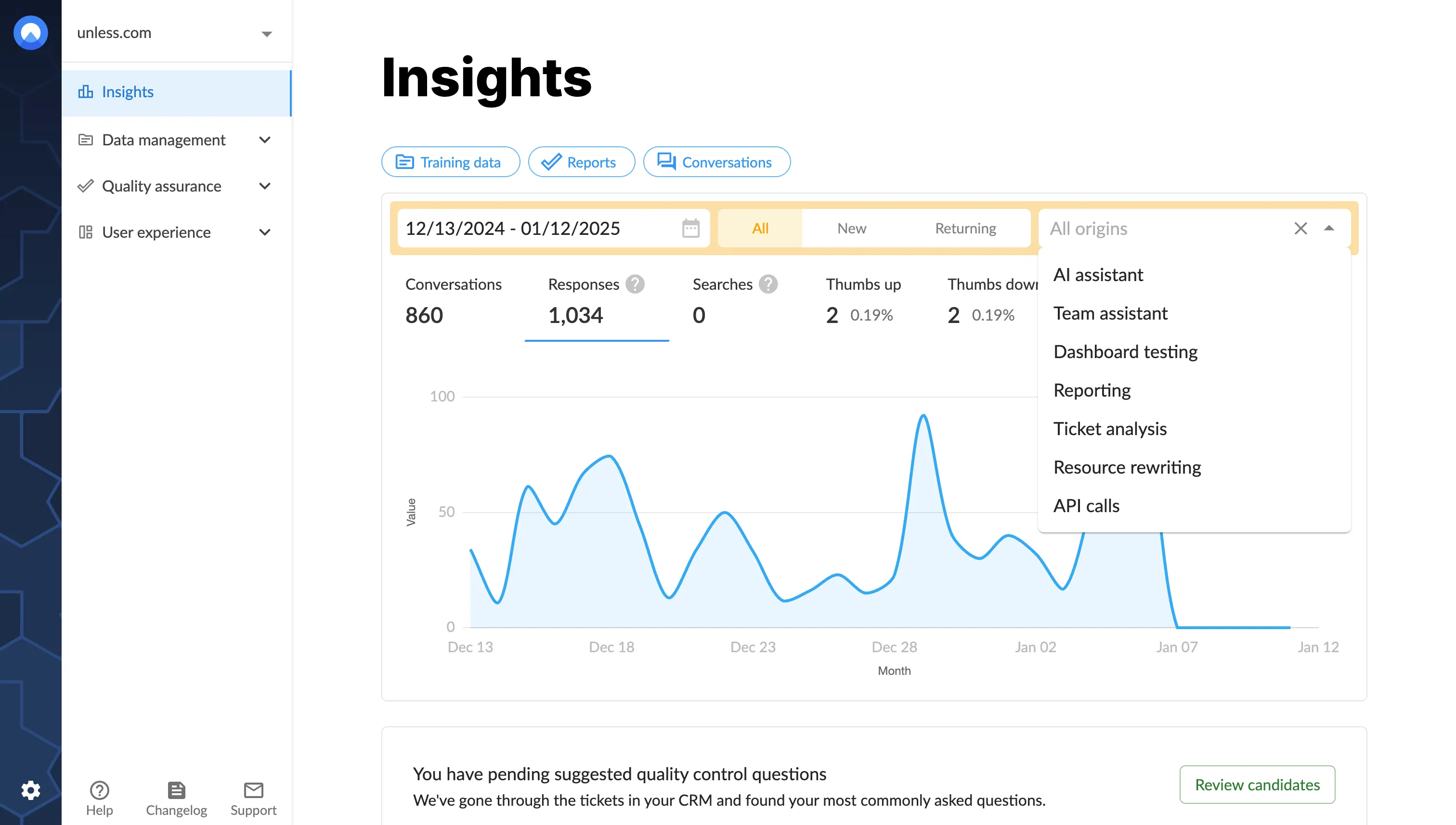 Insights page with the option to filter based on the origin
